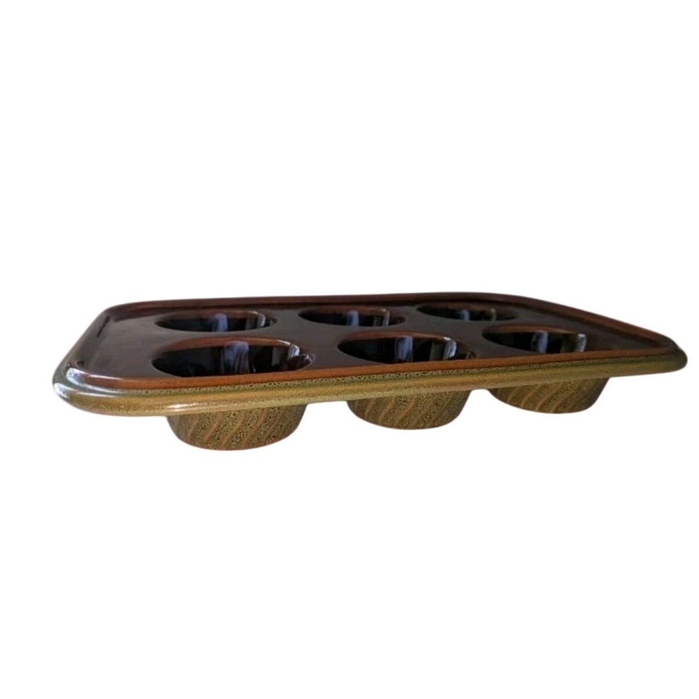 Paula Deen Signature Brown Stoneware 6-Cup Muffin Pan Raised Swirl Oven To Table - Picture 3 of 6